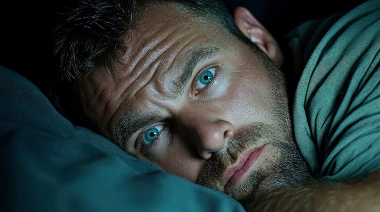 man struggling to sleep at night, lying awake in the darkness, battling insomnia