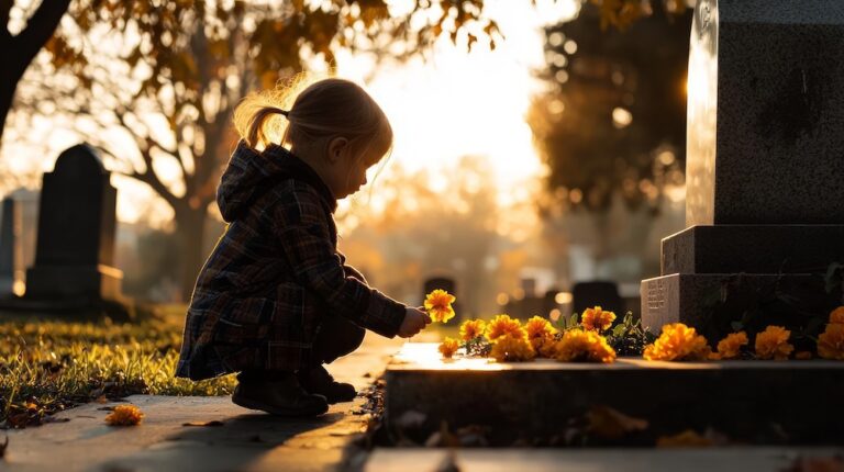 a young child kneels in a cemetery, placing flowers at a grave during a serene sunset, capturing a moment of remembrance.