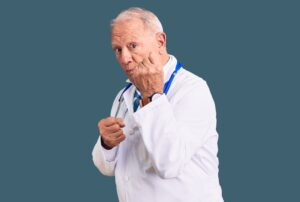 senior handsome grey haired man wearing doctor coat and stethoscope ready to fight with fist defense gesture, angry and upset face, afraid of problem