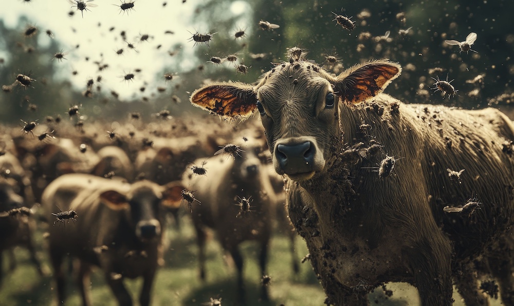 muddy young bovine, surrounded by many flies.