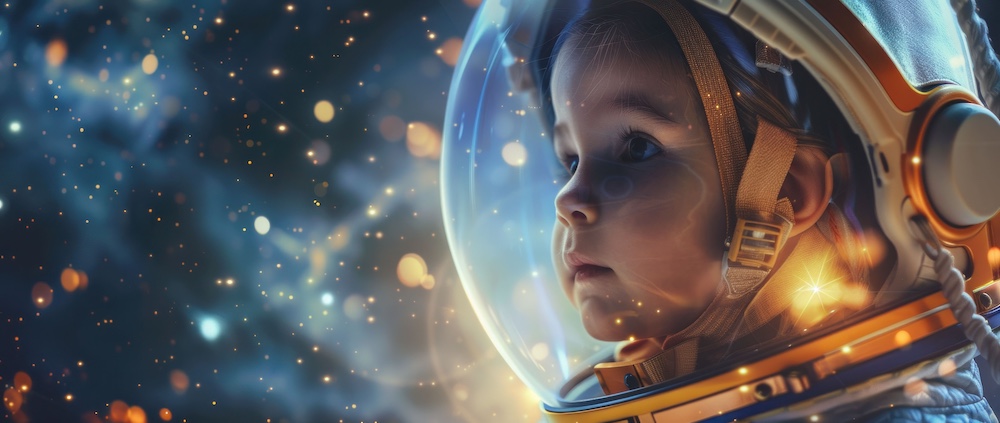 exploring the universe baby astronaut contemplating the stars in spacesuit with cosmic background