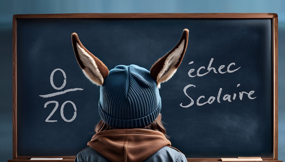 enfant, élève avec un bonnet d'âne, devant un tableau noir d'école, échec scolaire dans l'enseignement et l'éducation à l'école ia générative