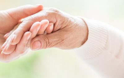 Close-up of tender gesture between two generations. Young woman holding hands with a senior lady. Blurred background. Panorama.