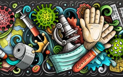 Coronavirus hand drawn cartoon doodles illustration. Quarantine objects and elements poster design. Creative art background. Colorful vector banner
