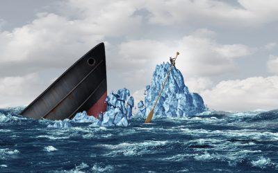 Business survival concept as a strategic businessman surviving an iceberg crash and managing a crisis with smart innovative thinking with 3D illustration elements.