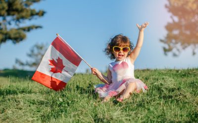 Portrait of adorable cute little Caucasian baby toddler girl sitting on green grass in park outside and holding waving large Canadian flag. Kid child citizen celebrating Canada Day on 1st of July.
