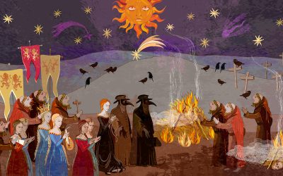 Terrible doctors. Medieval scene. Plague epidemic. World pestilence. Coronavirus art. Ancient book illustration. Middle Ages parchment style