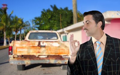 car used salesperson selling old car as brand new truck salesman typical topic ok gesture