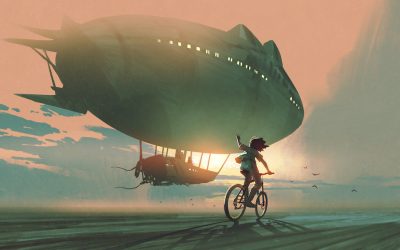 kid rides a bicycle waving good bye to the airship at sunset, digital art style, illustration painting