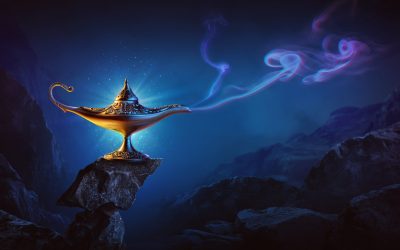 Golden magic lamp on bright and purple background