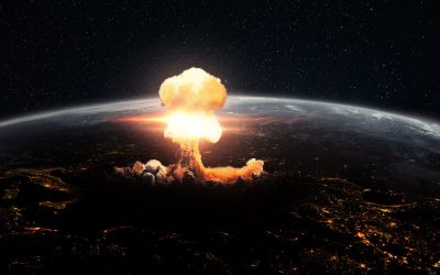 World War III. Atomic explosion on planet earth, view from space. Air strike missiles. Bomb blast. Hydrogen bomb. Nuclear mushroom