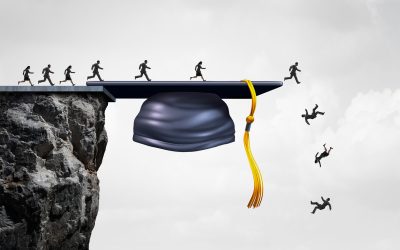 Failed Education System and learning failure or failed college and lost training opportunity as students falling from a cliff shaped as a graduation mortarbored with 3D illustration elements.