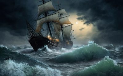 Old sail ship braving the waves of a wild stormy sea at night. Generative AI.