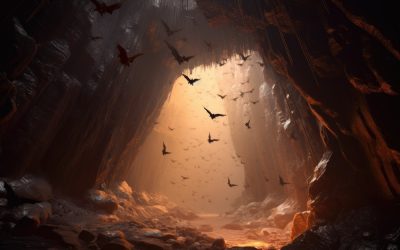 close-up of bats flying out of a dark cave entrance, created with generative ai