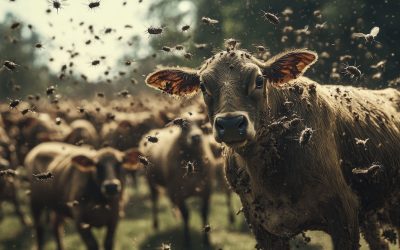 muddy young bovine, surrounded by many flies.