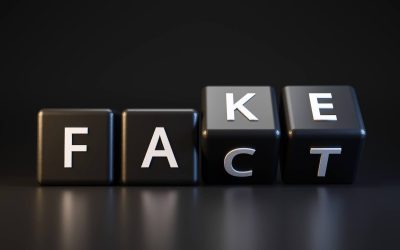 Black dice and fact or fake with April fools day concept on dark background. Misleading and changing communication. April fools day. Realistic 3D render.