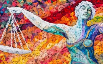 captivating silver scales of justice intricately woven into a colorful tapestry, reflecting diverse humanity and the significance of justice in a connected world. generative ai