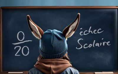 enfant, élève avec un bonnet d'âne, devant un tableau noir d'école, échec scolaire dans l'enseignement et l'éducation à l'école ia générative