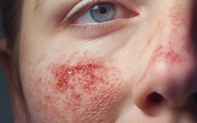 woman with red and reddish facial rash with skin damage caused by allergy