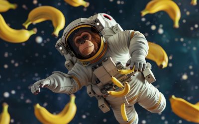 3d render of a monkey astronaut orbiting bananas in space