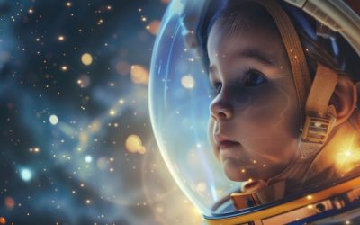 exploring the universe baby astronaut contemplating the stars in spacesuit with cosmic background