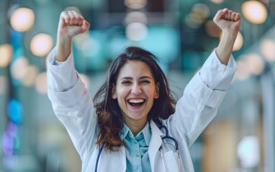 woman in a lab coat celebrating a scientific breakthrough.