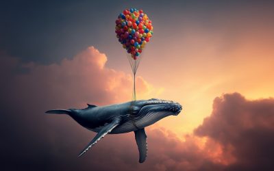 whale flying with balloons, floating in the sky, cute and funny surrealism image