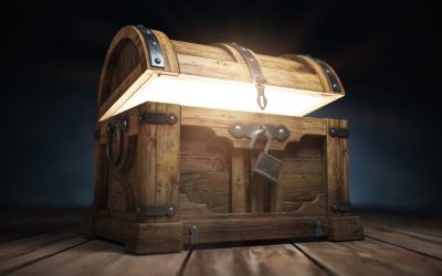 Old wooden treasure chest box with  glow from inside. 3d illustration