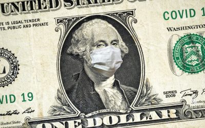 Coronavirus in USA, 1 dollar money note with face mask. COVID-19 affects global stock market. World economy hit by corona virus pandemic fears. Concept of crisis, recession, investment and finance.